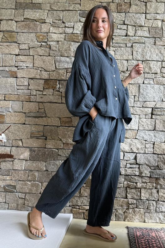 Hush Pillow Cotton Nero Boyfriend Shirt Charcoal
